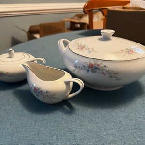Elegant Floral covered serving bowl, sugar and creamer set and gravy boat
